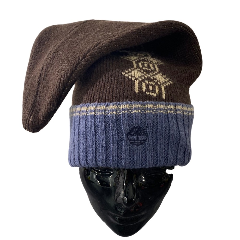 Vintage Timberland Ragg‎ Wool Rich Blend Beanie Hat Brown Blue Fair Isle 80s